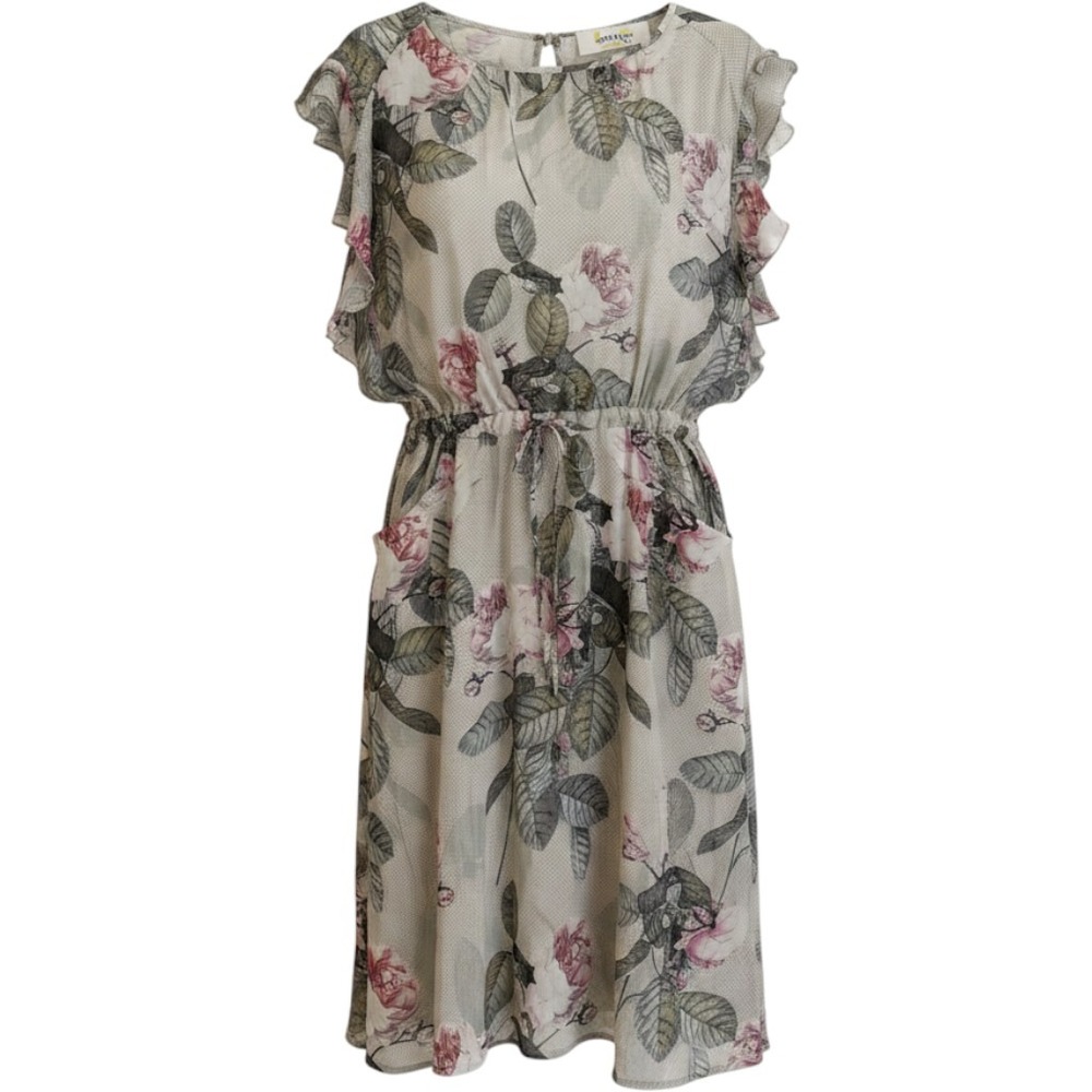 Ottod'Ame US 10 Floral Ruffle Sleeve Midi Dress Elastic Waist Pockets No Slip